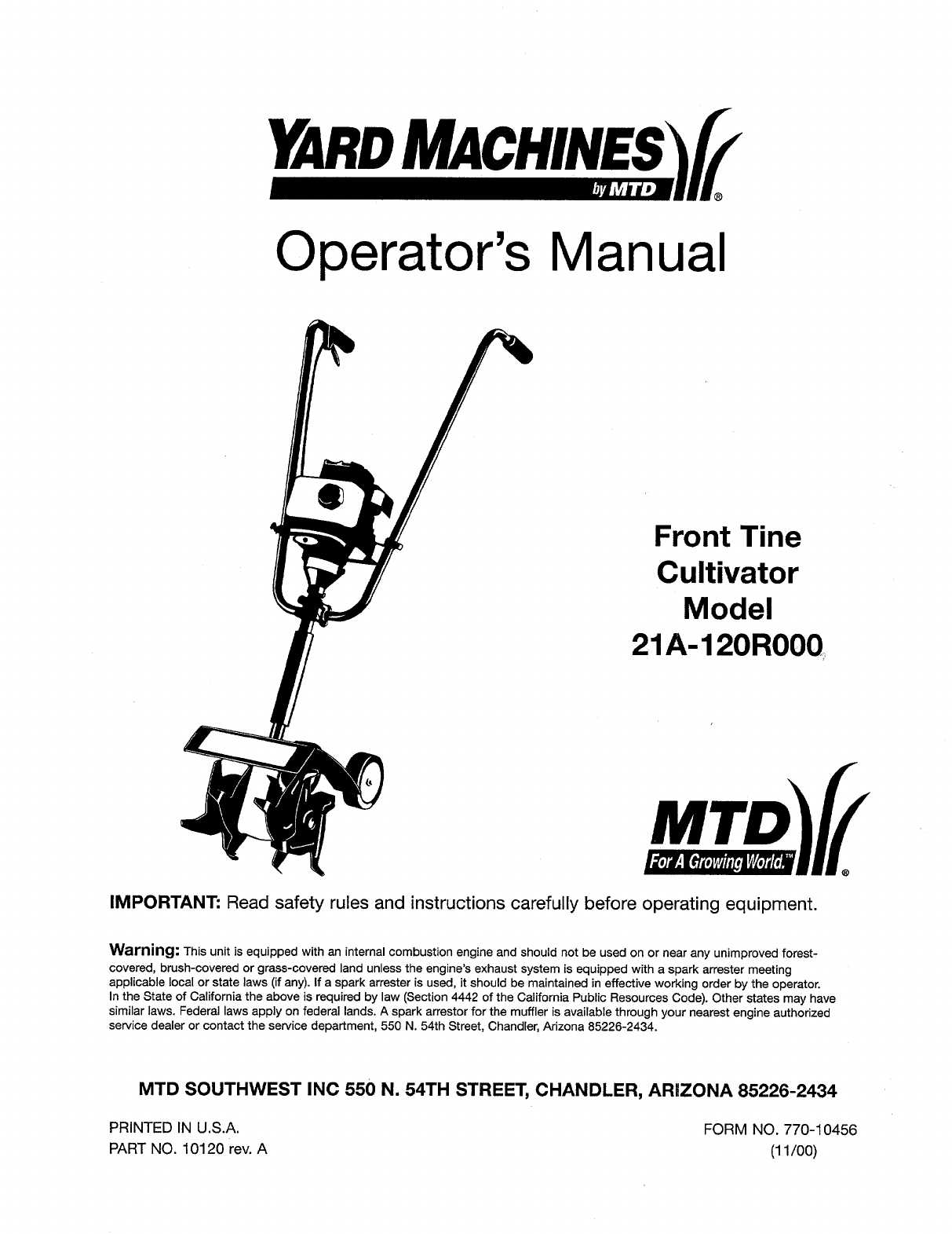 yard machine front tine tiller parts diagram