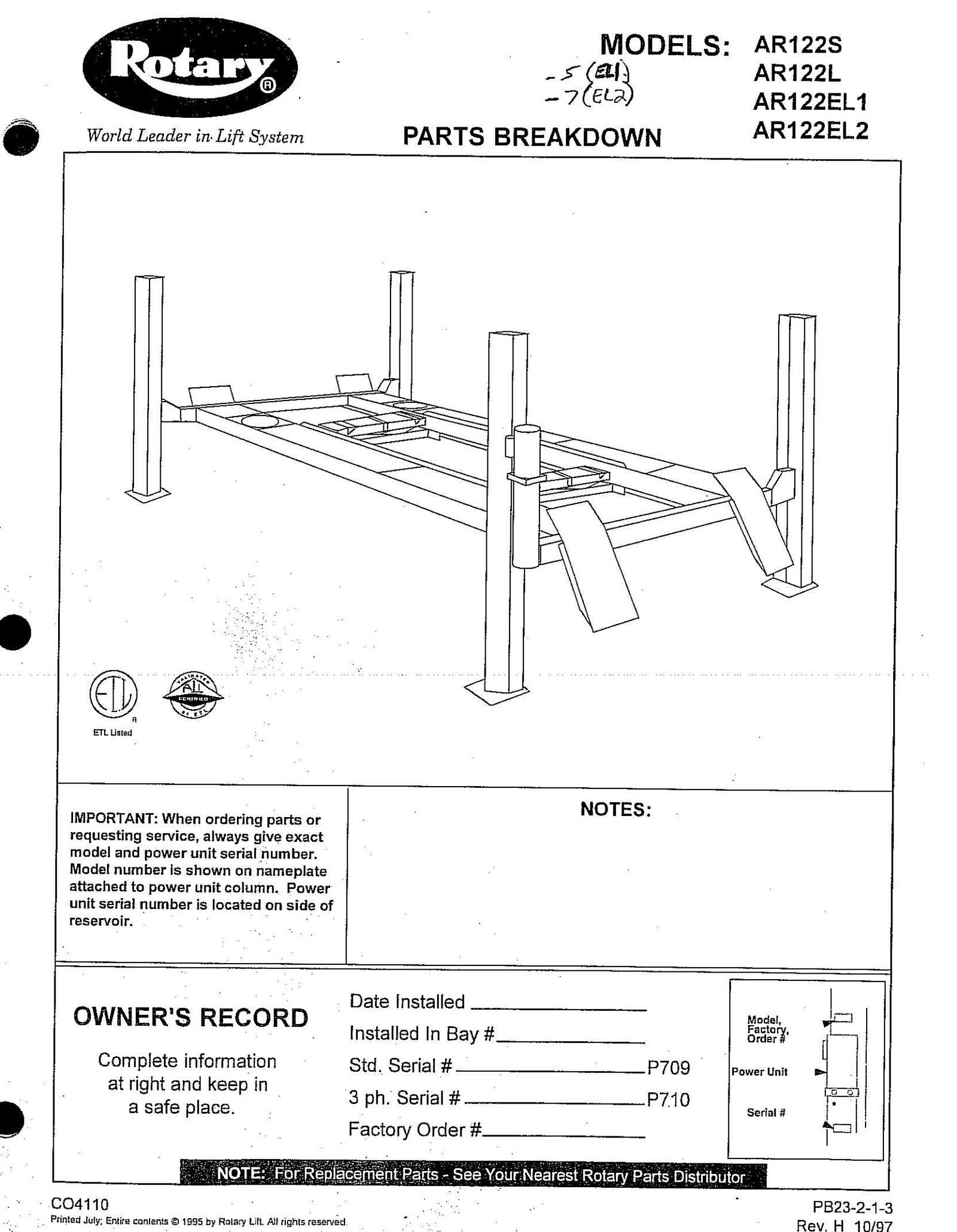 rotary lift parts diagram