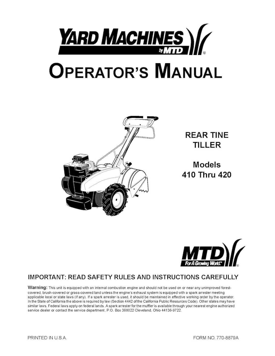 yard machine rear tine tiller parts diagram