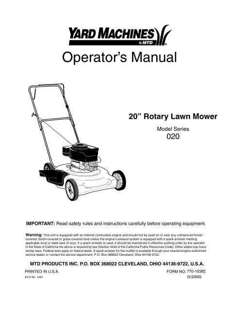 yard machines push mower parts diagram